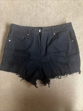 SHEIN Black Distressed Frayed Denim Shorts